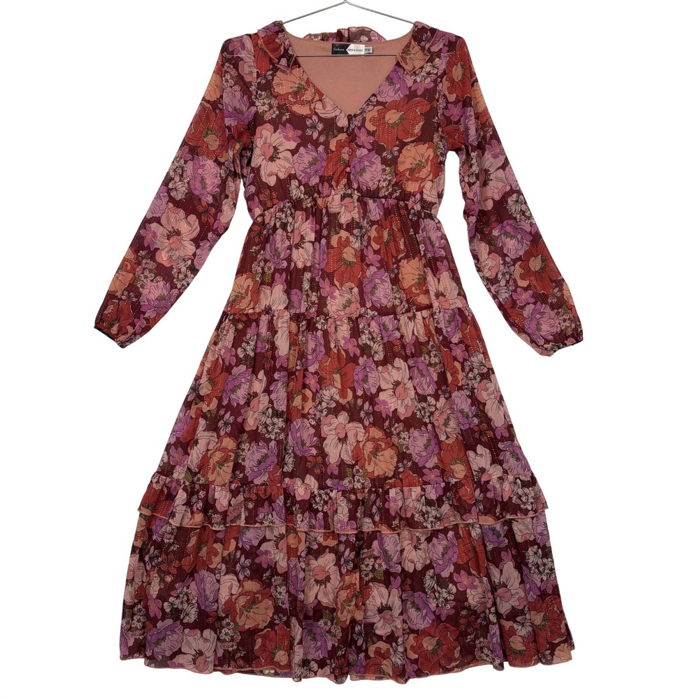 Piper & Scoot Women Midi Dress XS Burgundy Floral Tiered Metallic PSD4231B-PS